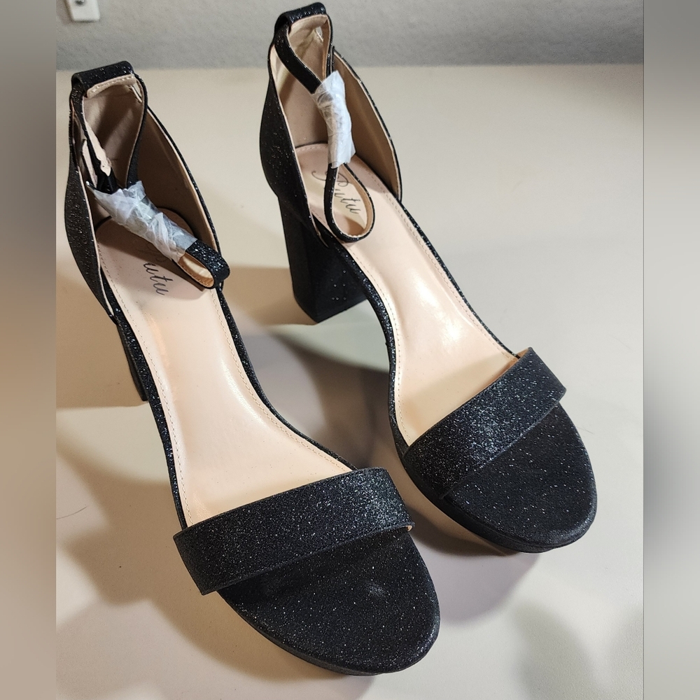 Putu Women's Rhinestone Heeled Glitter Chunky Heeled Sandals Open Toe Sz 11 Gray